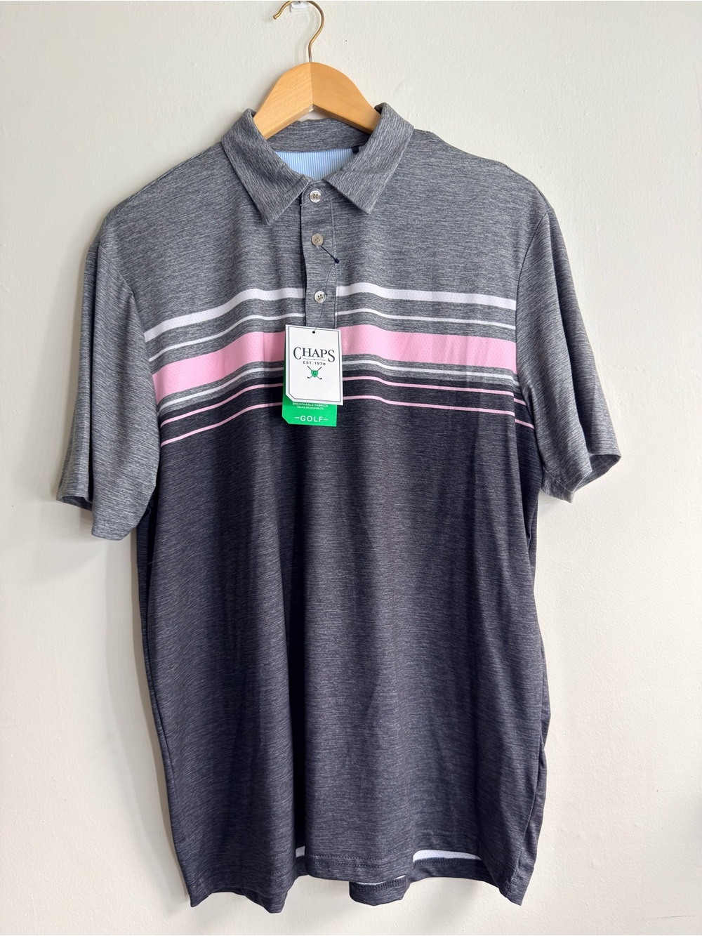 Chaps Men's M Short Sleeve Golf Polo Shirt GRAY PINK Striped, NWT